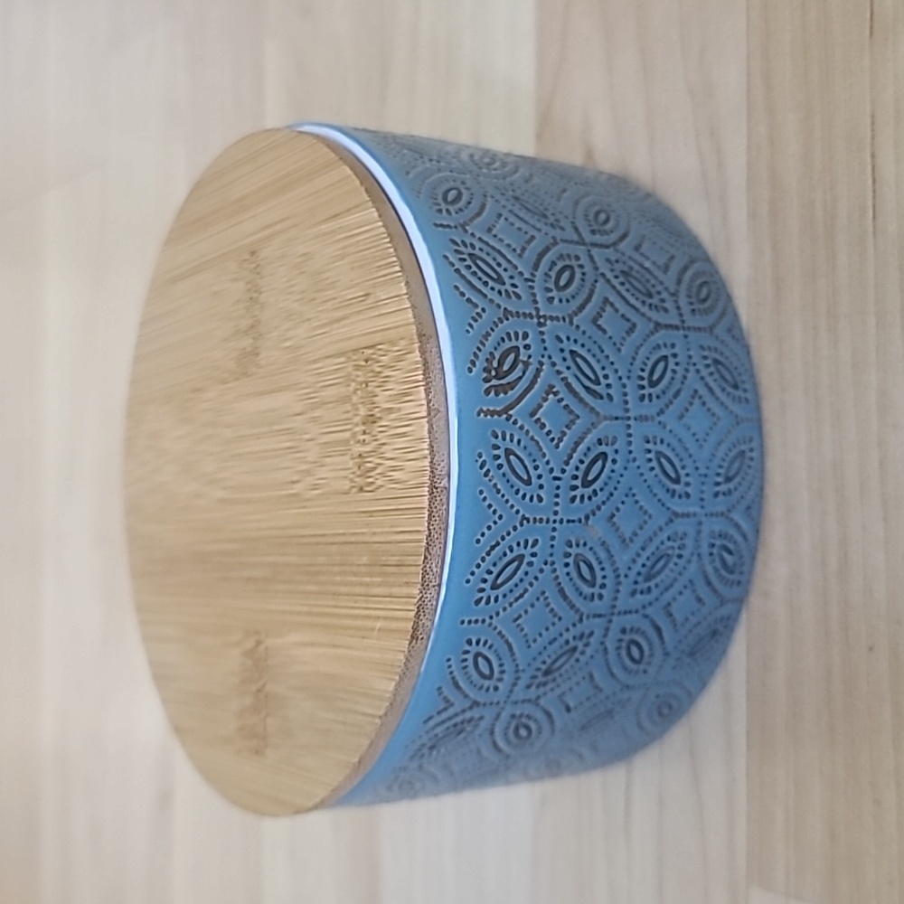 Ceramic Blue Container with Wooden Lid  4 1/2" Diameter 2 1/2" Height